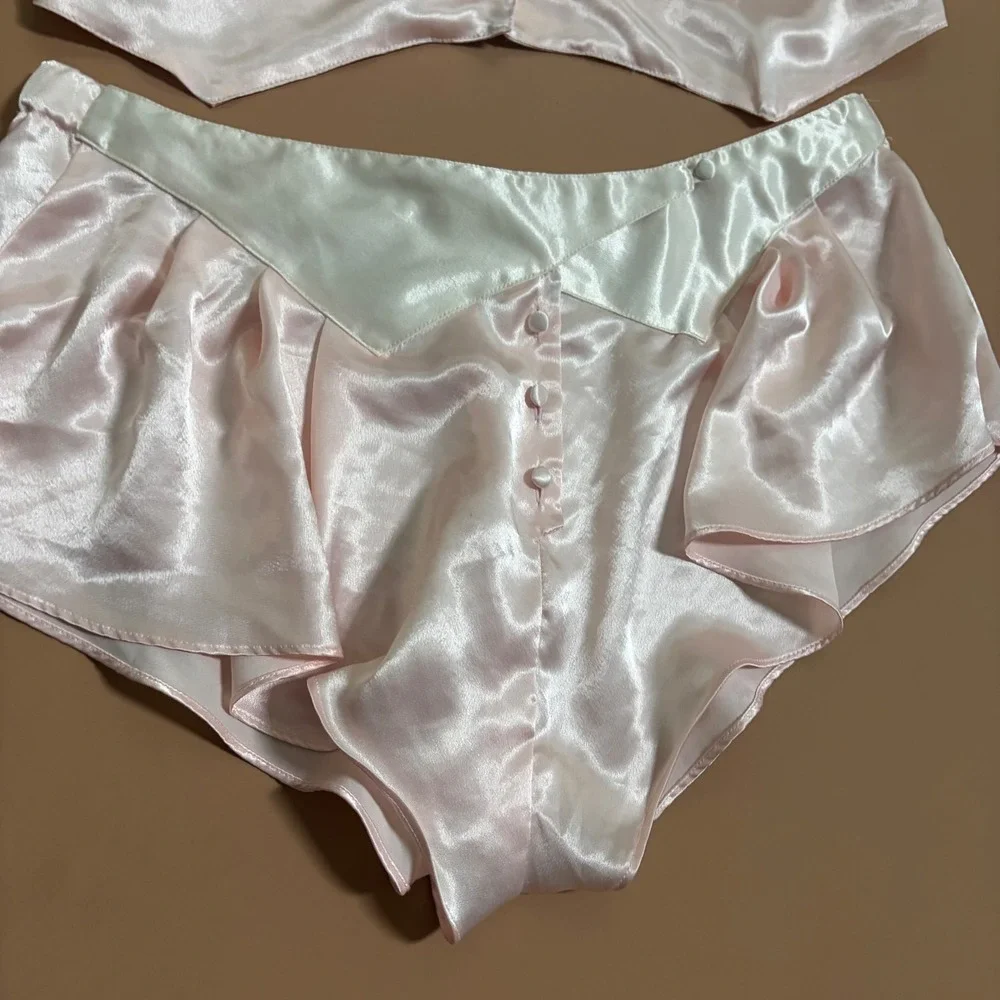 Vintage Val Mode Lingerie Pink Satin Pajama Set Cropped Top Tap Shorts Medium
